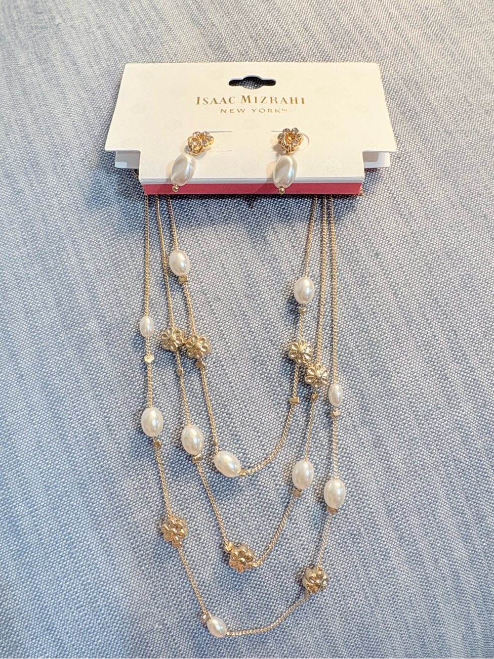 ⭐️ Isaac Mizrahi Gold Tone Multi-Strand Necklace with White Pearl Drops